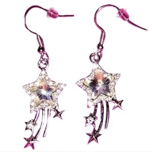 Synthetic Aura Angel Quartz Shooting Star Rhinestone Dangle Drop Silver Earrings